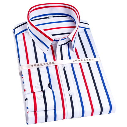 Men&#39;s Color Block Striped Wrinkle-Resistant Dress Shirt Long-Sleeve Standard-fit Hidden Button Collar Casual Pure Cotton Shirts