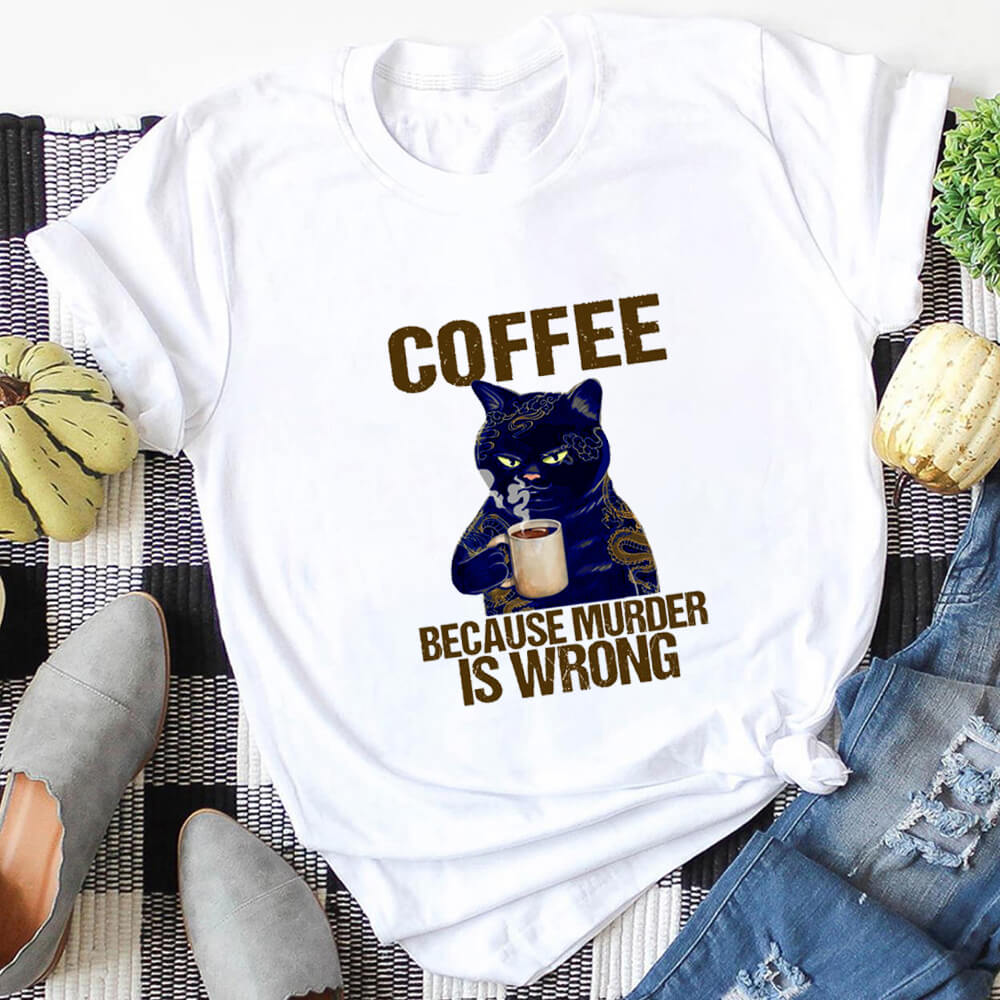 Coffee Cat Printed 100%Cotton Women&#39;s Tshirt Cat Mom Life Funny Summer Casual O-Neck Short Sleeve Tops Coffee Lover Gift
