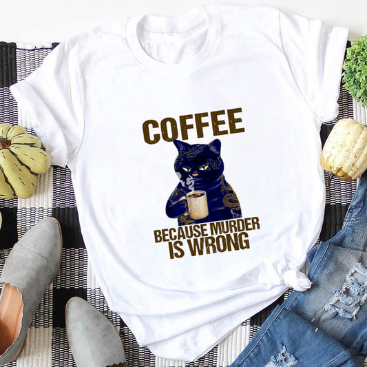 Coffee Cat Printed 100%Cotton Women&#39;s Tshirt Cat Mom Life Funny Summer Casual O-Neck Short Sleeve Tops Coffee Lover Gift