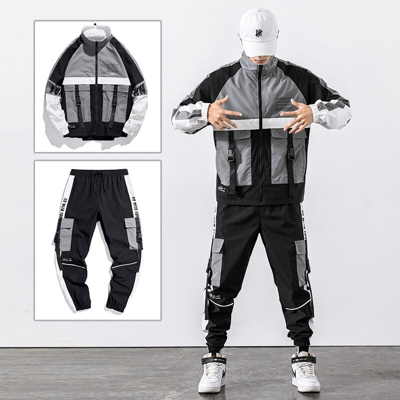 2022 Hip Hop Workwear jacket Mens Tracksuit Jacket+Pants 2PC Sets baseball loose Zipper Ribbons Coat &amp; Long Pants Mens Clothes