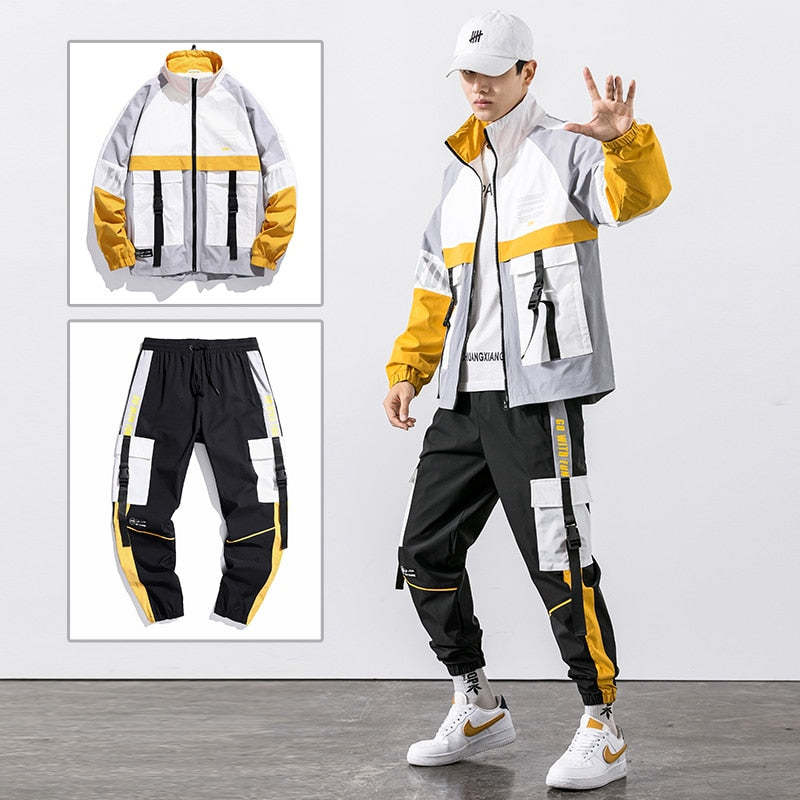 2022 Hip Hop Workwear jacket Mens Tracksuit Jacket+Pants 2PC Sets baseball loose Zipper Ribbons Coat &amp; Long Pants Mens Clothes