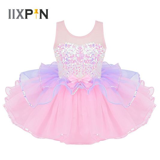 Tutu Ballet Dress for Girls ballerina tulle costume Shiny Sequins Mesh Splice Bowknot on Waist ballerina dress kids dancewear