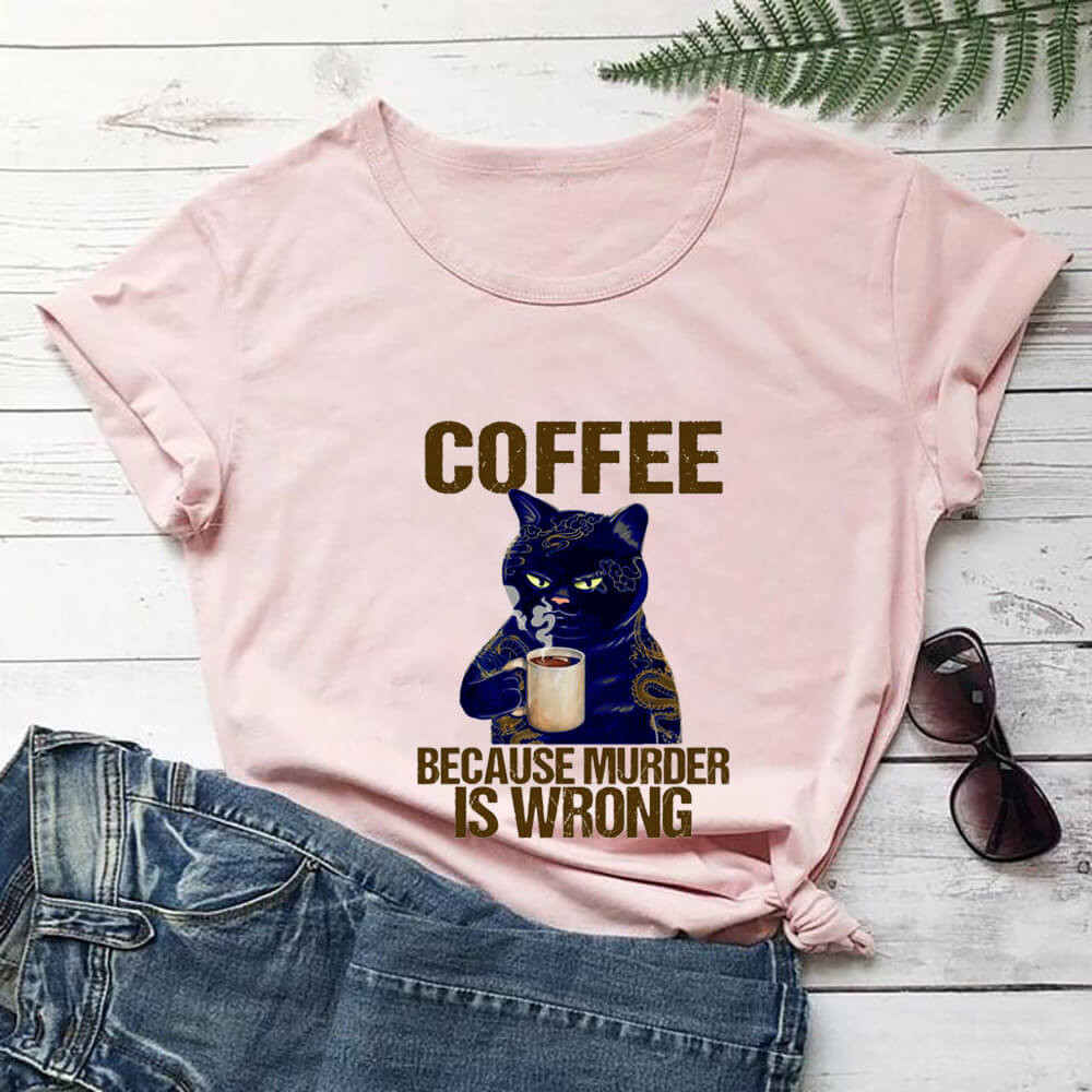 Coffee Cat Printed 100%Cotton Women&#39;s Tshirt Cat Mom Life Funny Summer Casual O-Neck Short Sleeve Tops Coffee Lover Gift