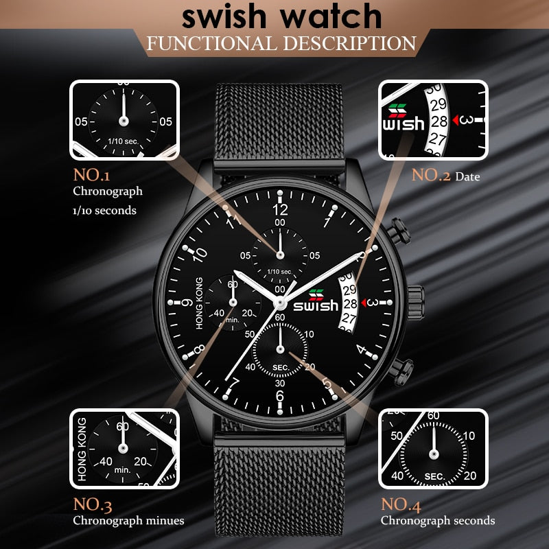 SWISH 2022 Top Brand Luxury Men Watches Waterproof Stainless Steel Wristwatch Men&#39;s Chronograph Casual Quartz Watch