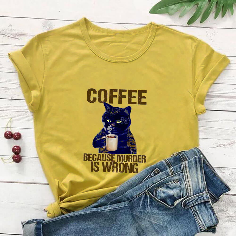 Coffee Cat Printed 100%Cotton Women&#39;s Tshirt Cat Mom Life Funny Summer Casual O-Neck Short Sleeve Tops Coffee Lover Gift