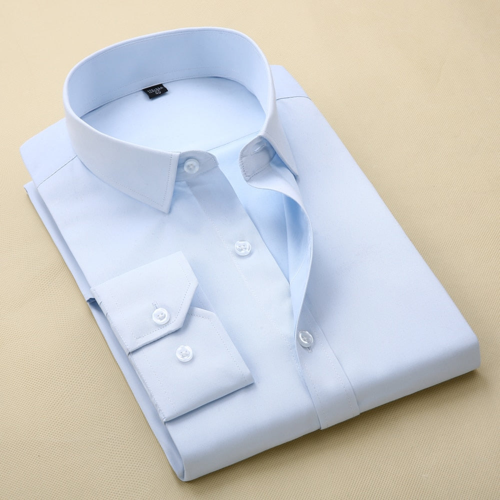 Men&#39;s Business Formal Shirts Men Work Shirts Plain Long Sleeve Solid Color Shirt No Pocket Office-wear Clothing