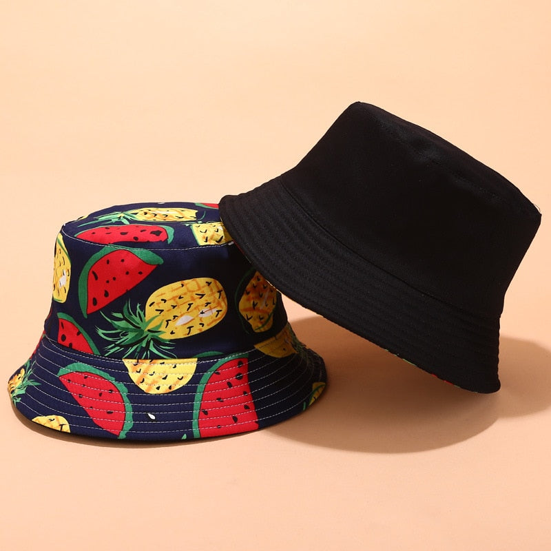 Panama Bucket Hats Women Men Reversible Fruit Banana Watermelon Cherry Print Fisherman Hat Casual Harajuku Hip Hop Bucket Cap