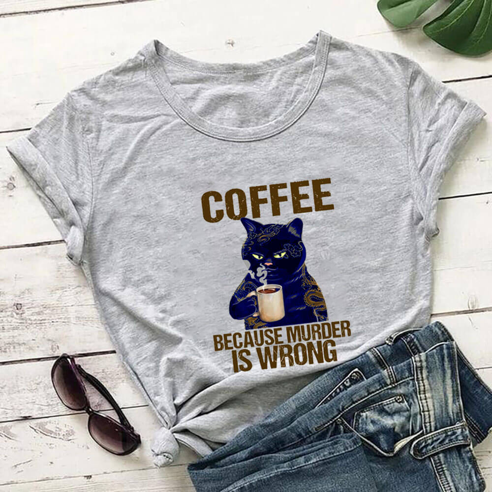 Coffee Cat Printed 100%Cotton Women&#39;s Tshirt Cat Mom Life Funny Summer Casual O-Neck Short Sleeve Tops Coffee Lover Gift