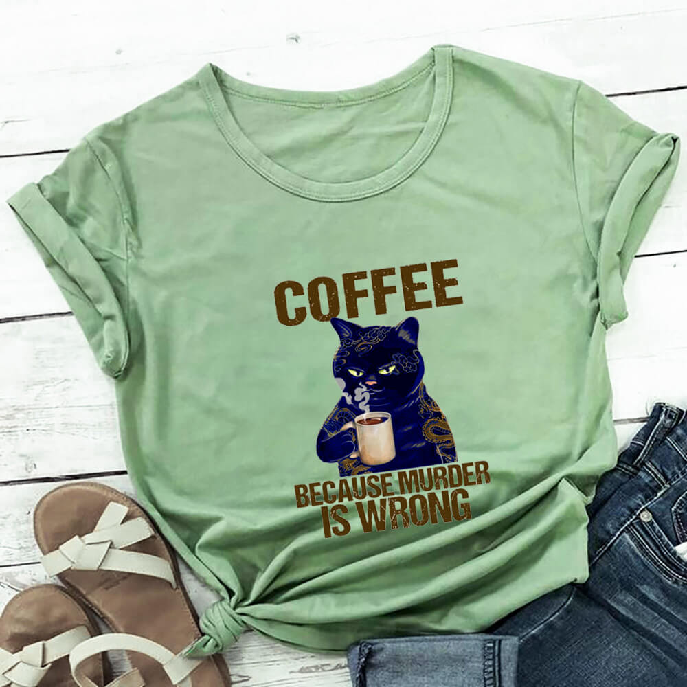 Coffee Cat Printed 100%Cotton Women&#39;s Tshirt Cat Mom Life Funny Summer Casual O-Neck Short Sleeve Tops Coffee Lover Gift