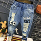 New Girls Jeans Spring Autumn Children Trousers 1-7Yrs Baby Boys Girls Jeans Boys Casual Hole Pants Cartoon Cat Jeans For Kids