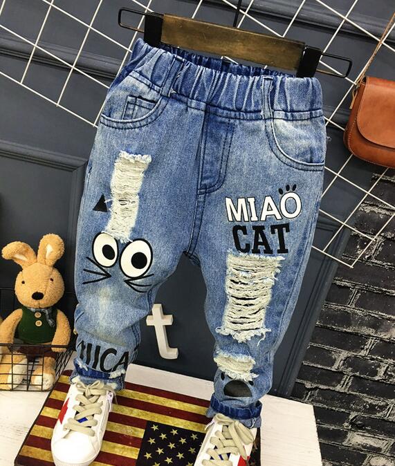 New Girls Jeans Spring Autumn Children Trousers 1-7Yrs Baby Boys Girls Jeans Boys Casual Hole Pants Cartoon Cat Jeans For Kids