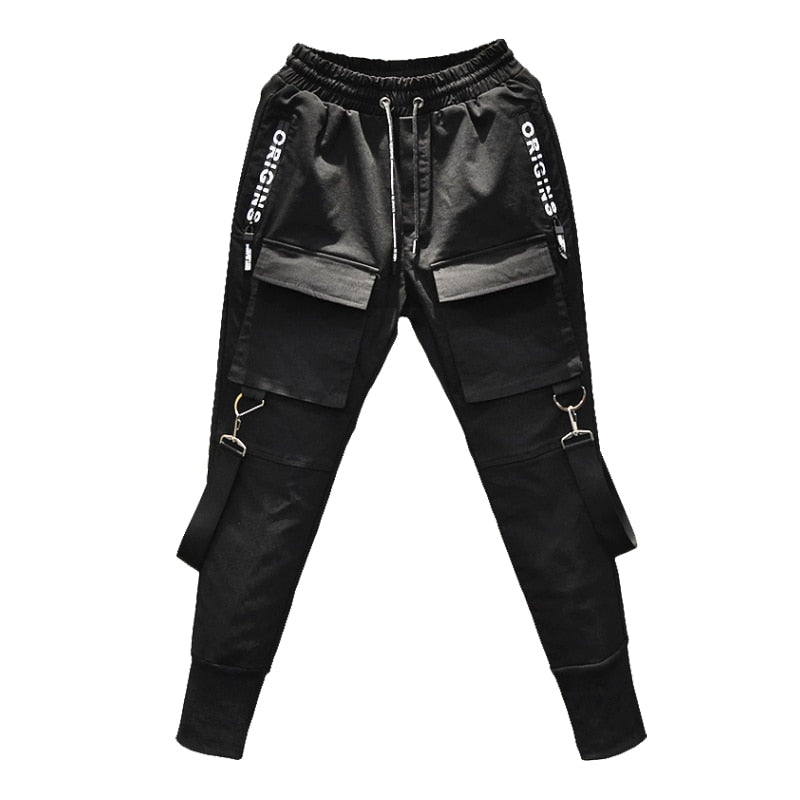 Streetwear Black Harem Pants Men Elastic Waist Punk Pants With Ribbons Casual Slim Jogger Pants Men Hip Hop Trousers