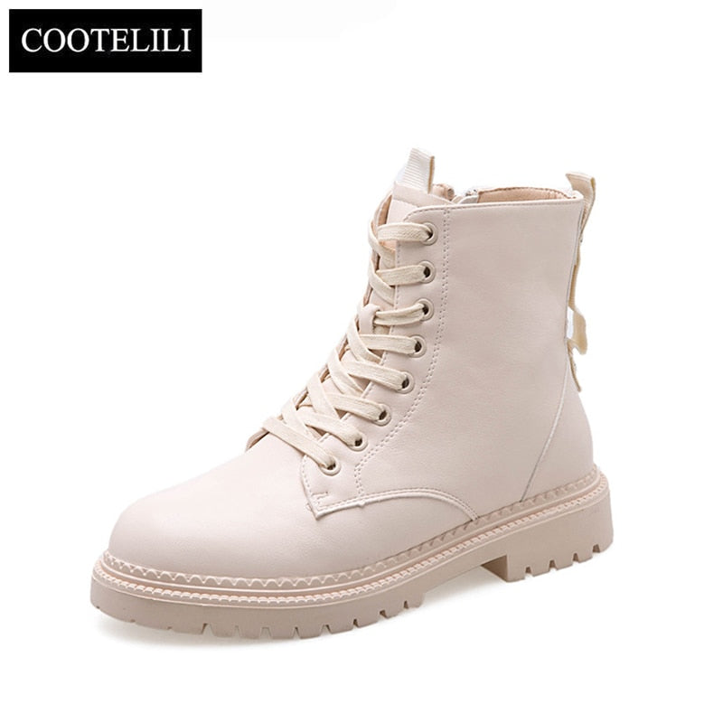 COOTELILI Fashion Zipper Flat Shoes Woman High Heel Platform PU Leather Boots Lace up Women Shoes Ankle Boots Girls 35-40