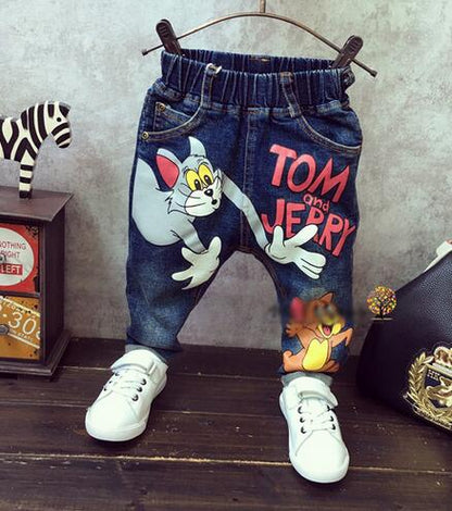 New Girls Jeans Spring Autumn Children Trousers 1-7Yrs Baby Boys Girls Jeans Boys Casual Hole Pants Cartoon Cat Jeans For Kids