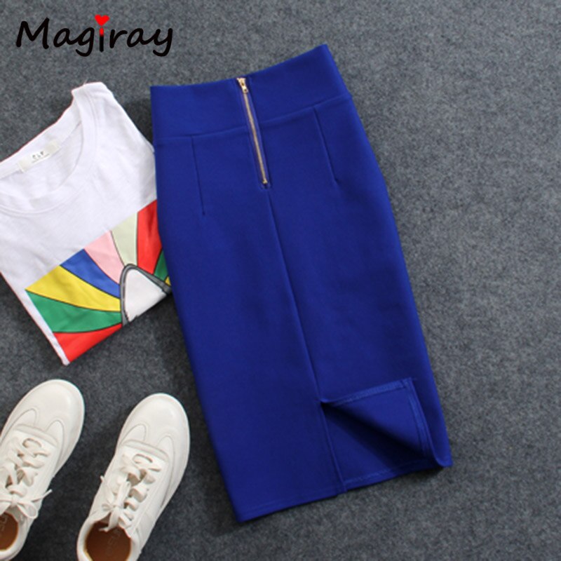 Magiray High Waist Elastic Pencil Skirt Female Bodycon Skirts Womens Summer 2020 Knee Length Back Split Ladies Office Saia C571