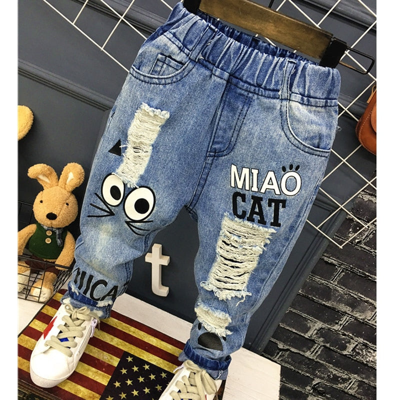 New Girls Jeans Spring Autumn Children Trousers 1-7Yrs Baby Boys Girls Jeans Boys Casual Hole Pants Cartoon Cat Jeans For Kids