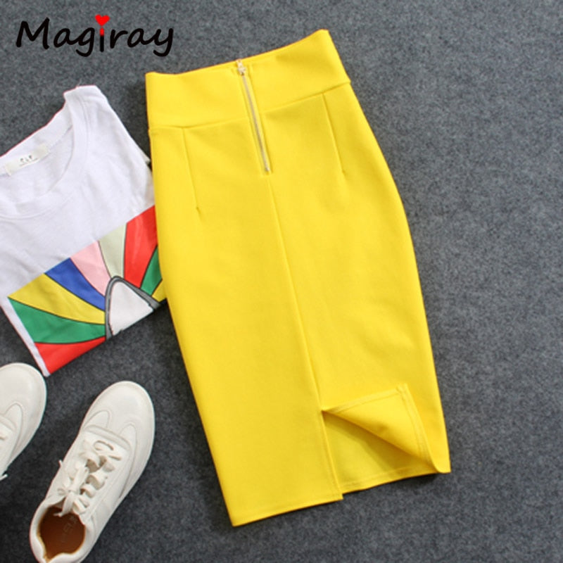 Magiray High Waist Elastic Pencil Skirt Female Bodycon Skirts Womens Summer 2020 Knee Length Back Split Ladies Office Saia C571