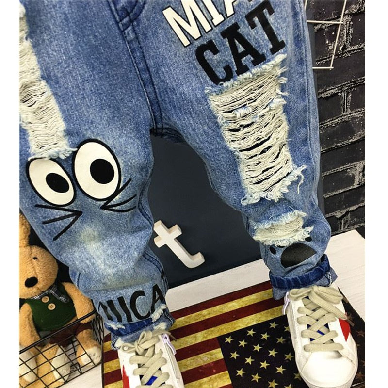 New Girls Jeans Spring Autumn Children Trousers 1-7Yrs Baby Boys Girls Jeans Boys Casual Hole Pants Cartoon Cat Jeans For Kids