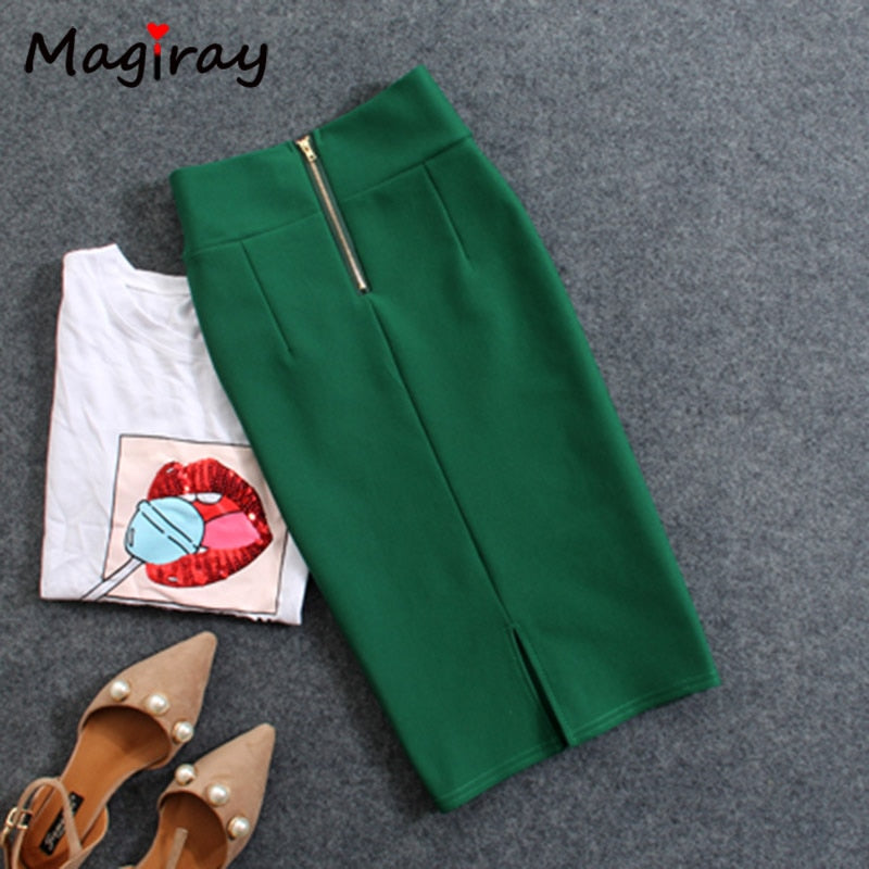 Magiray High Waist Elastic Pencil Skirt Female Bodycon Skirts Womens Summer 2020 Knee Length Back Split Ladies Office Saia C571