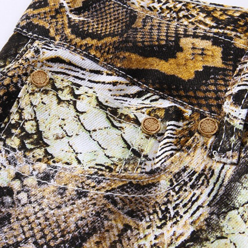 Sokotoo Men&#39;s fashion snakeskin print jeans Slim colored stretch denim pants for man