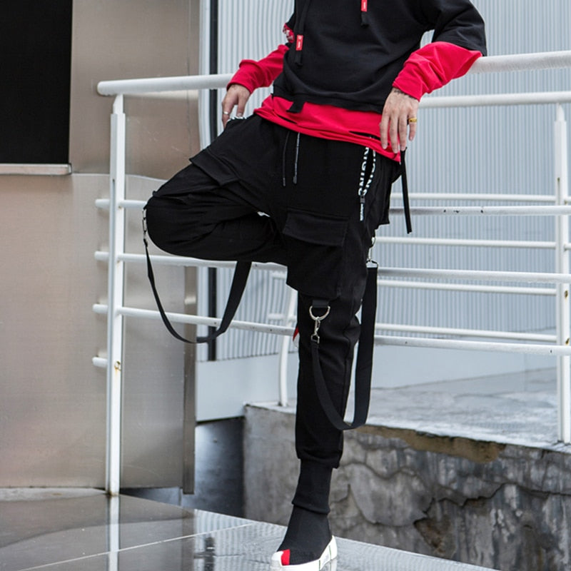 Streetwear Black Harem Pants Men Elastic Waist Punk Pants With Ribbons Casual Slim Jogger Pants Men Hip Hop Trousers