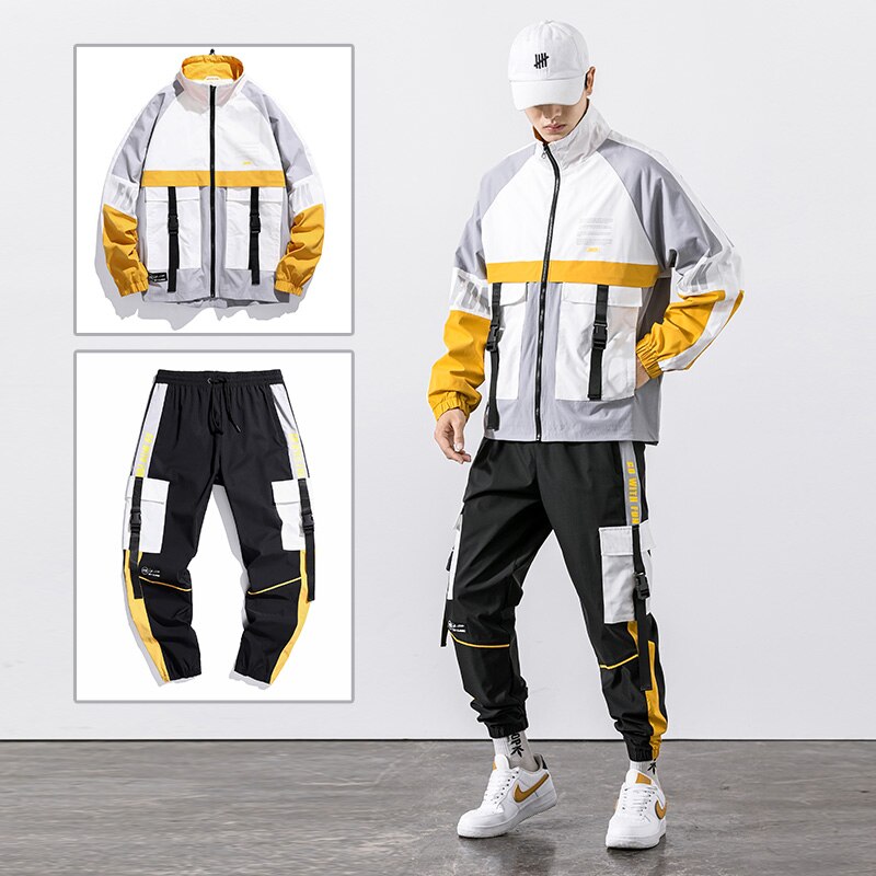2022 Hip Hop Workwear jacket Mens Tracksuit Jacket+Pants 2PC Sets baseball loose Zipper Ribbons Coat &amp; Long Pants Mens Clothes