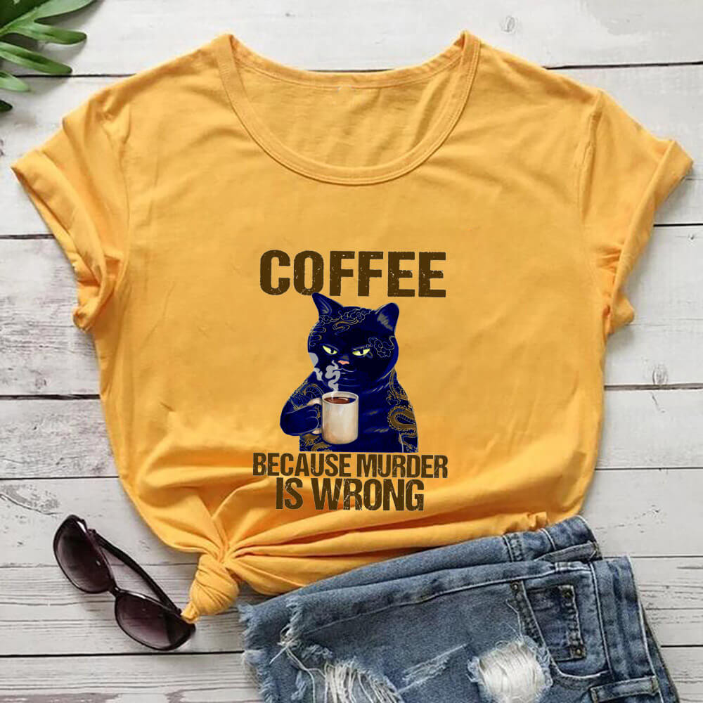 Coffee Cat Printed 100%Cotton Women&#39;s Tshirt Cat Mom Life Funny Summer Casual O-Neck Short Sleeve Tops Coffee Lover Gift