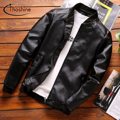 Thoshine Brand Spring Autumn Men PU Leather Jackets Buttons Thin Korean Fashion Casual Coats Outerwear Slim Fit Leather Jacket