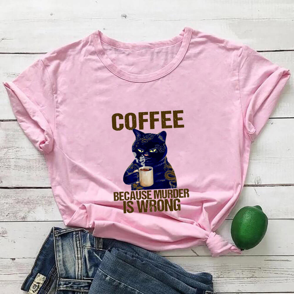 Coffee Cat Printed 100%Cotton Women&#39;s Tshirt Cat Mom Life Funny Summer Casual O-Neck Short Sleeve Tops Coffee Lover Gift