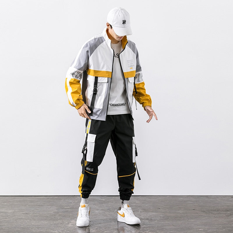 2022 Hip Hop Workwear jacket Mens Tracksuit Jacket+Pants 2PC Sets baseball loose Zipper Ribbons Coat &amp; Long Pants Mens Clothes