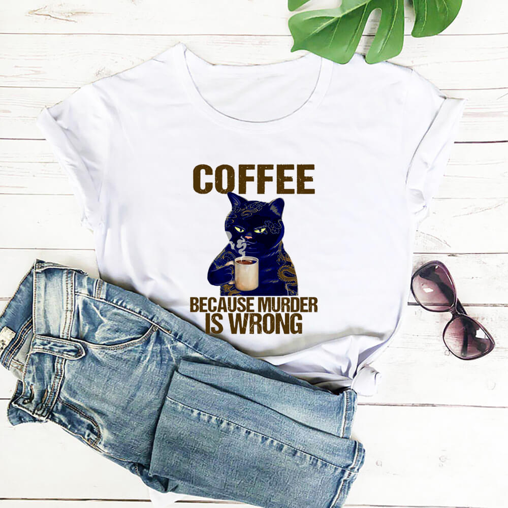 Coffee Cat Printed 100%Cotton Women&#39;s Tshirt Cat Mom Life Funny Summer Casual O-Neck Short Sleeve Tops Coffee Lover Gift