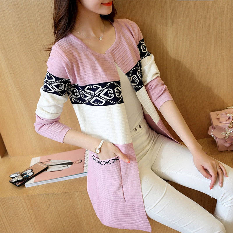 2022 Spring Women&#39;s Long Sweater Cashmere Autumn Cardigan knitting Sweater Pink Black Red Print Winter Fashion Slim Women 7479
