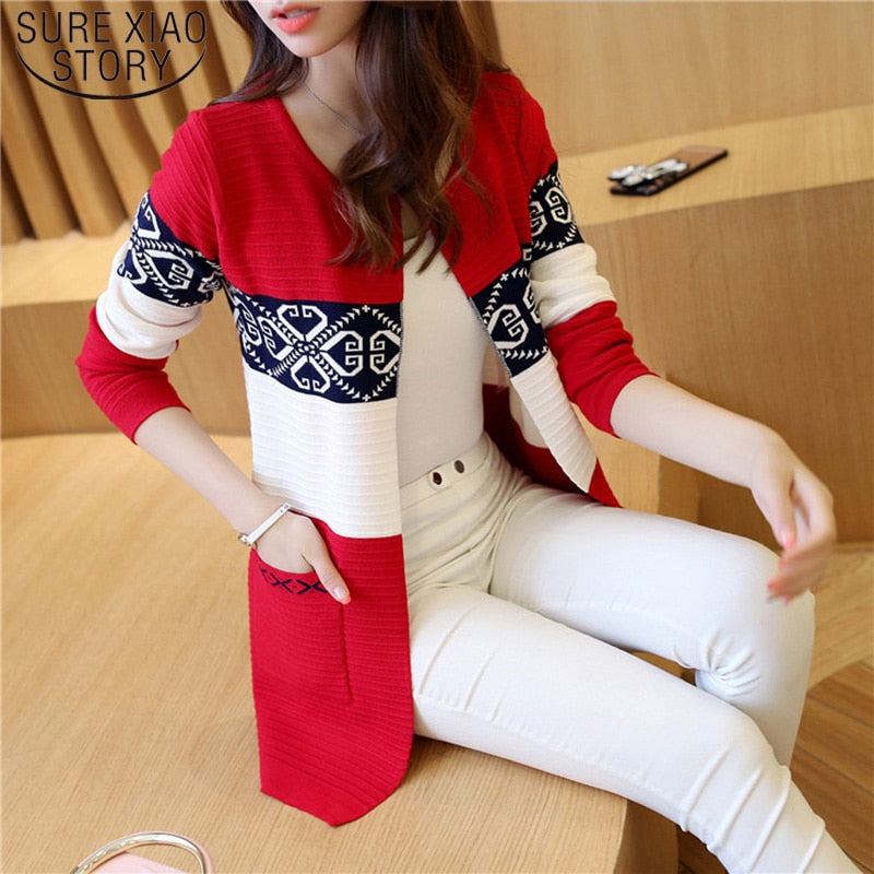 2022 Spring Women&#39;s Long Sweater Cashmere Autumn Cardigan knitting Sweater Pink Black Red Print Winter Fashion Slim Women 7479