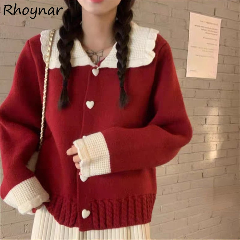 Cardigan Women Patchwork Peter Pan Collar Heart Design Lovely College Casual Young Cozy Stylish Fashion Retro Japanese Ulzzang