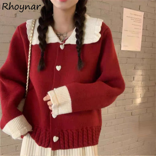 Cardigan Women Patchwork Peter Pan Collar Heart Design Lovely College Casual Young Cozy Stylish Fashion Retro Japanese Ulzzang