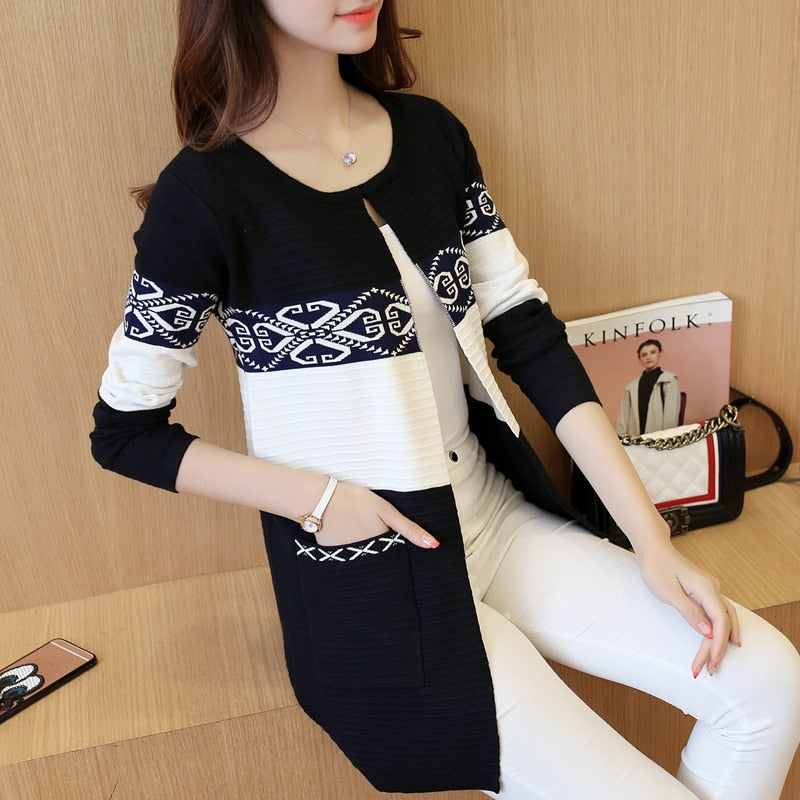 2022 Spring Women&#39;s Long Sweater Cashmere Autumn Cardigan knitting Sweater Pink Black Red Print Winter Fashion Slim Women 7479