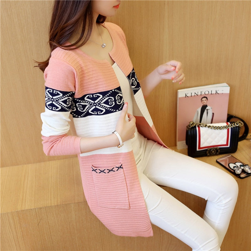 2022 Spring Women&#39;s Long Sweater Cashmere Autumn Cardigan knitting Sweater Pink Black Red Print Winter Fashion Slim Women 7479