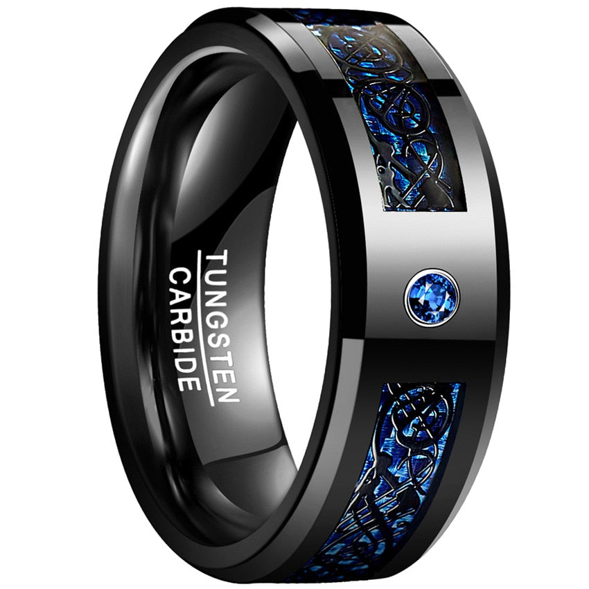 JQUEEN US SIZE 8mm Carbon Fiber Scrub Blue Zircon Men Rings Tungsten Carbide Ring Anillos Para Hombres Black Dragon