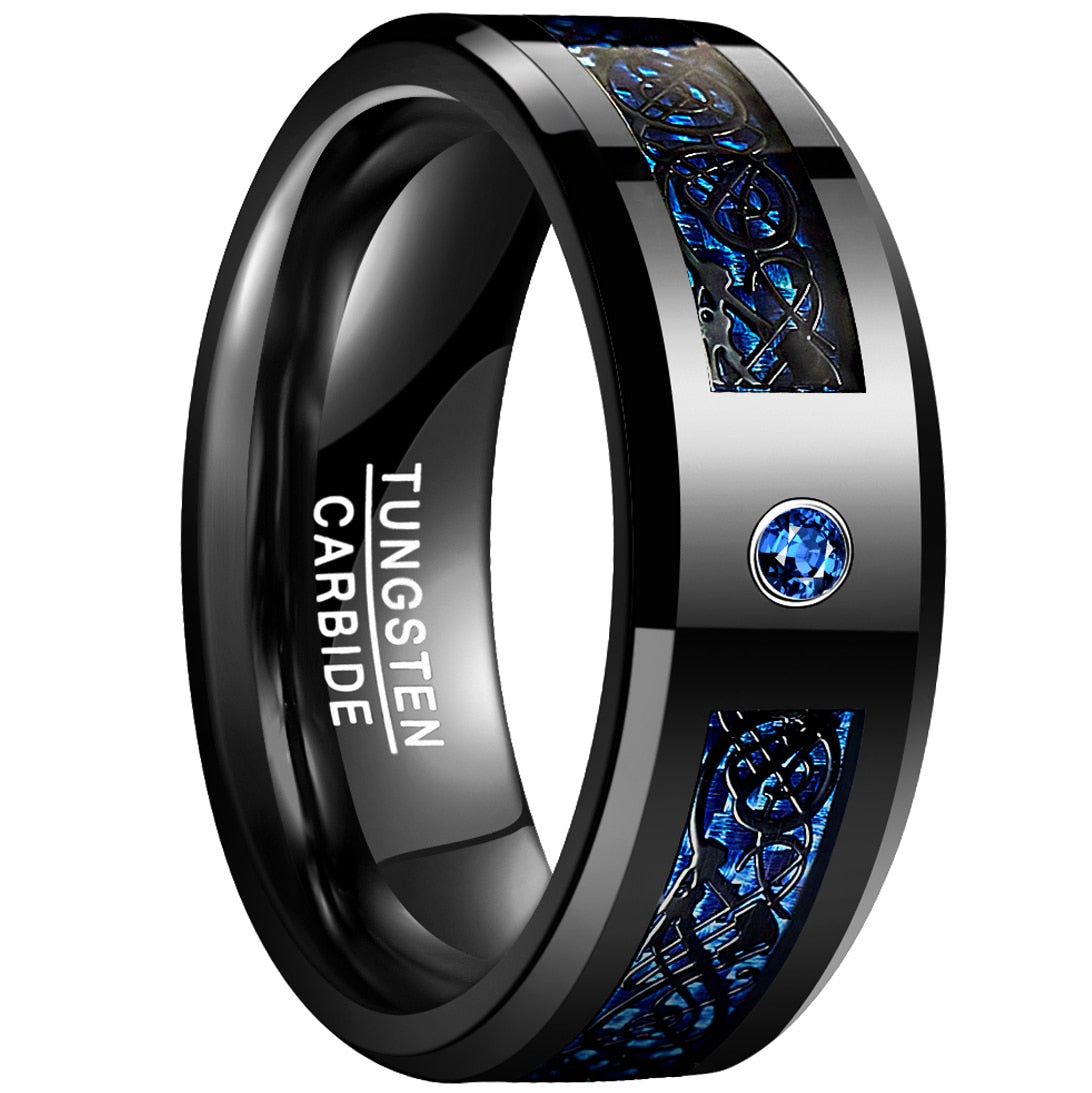 JQUEEN US SIZE 8mm Carbon Fiber Scrub Blue Zircon Men Rings Tungsten Carbide Ring Anillos Para Hombres Black Dragon