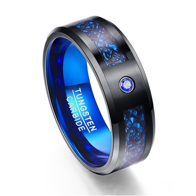 JQUEEN US SIZE 8mm Carbon Fiber Scrub Blue Zircon Men Rings Tungsten Carbide Ring Anillos Para Hombres Black Dragon