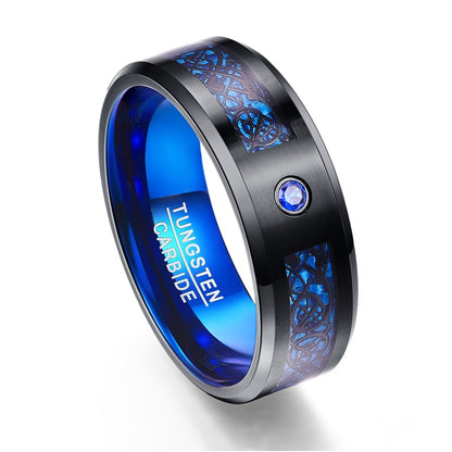 JQUEEN US SIZE 8mm Carbon Fiber Scrub Blue Zircon Men Rings Tungsten Carbide Ring Anillos Para Hombres Black Dragon