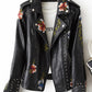 FTLZZ New Women Retro Floral Print Embroidery Faux Soft Leather Jacket Coat Turndown Collar Pu Moto Biker Black Punk Outerwear