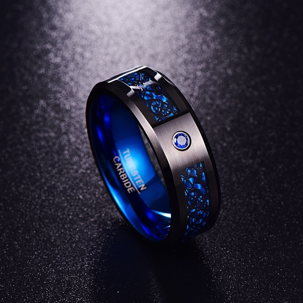 JQUEEN US SIZE 8mm Carbon Fiber Scrub Blue Zircon Men Rings Tungsten Carbide Ring Anillos Para Hombres Black Dragon