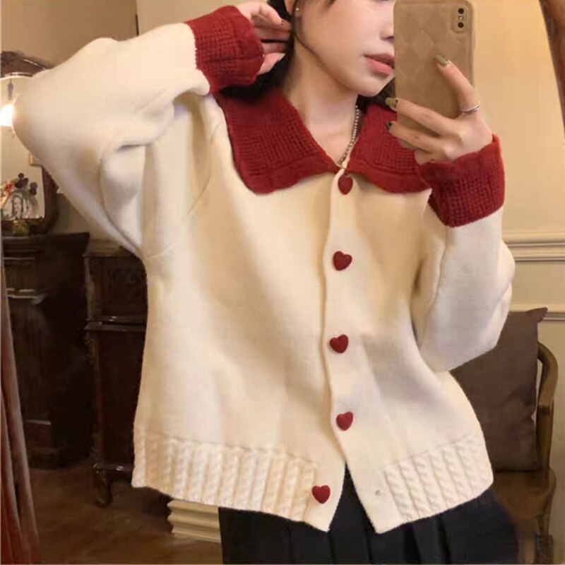 Cardigan Women Patchwork Peter Pan Collar Heart Design Lovely College Casual Young Cozy Stylish Fashion Retro Japanese Ulzzang