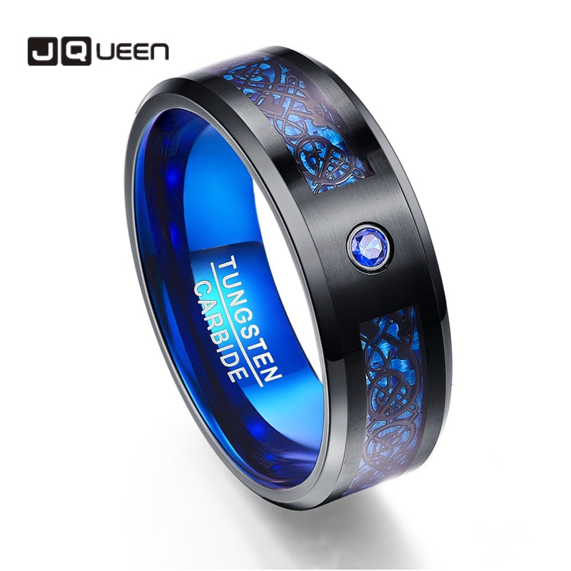 JQUEEN US SIZE 8mm Carbon Fiber Scrub Blue Zircon Men Rings Tungsten Carbide Ring Anillos Para Hombres Black Dragon