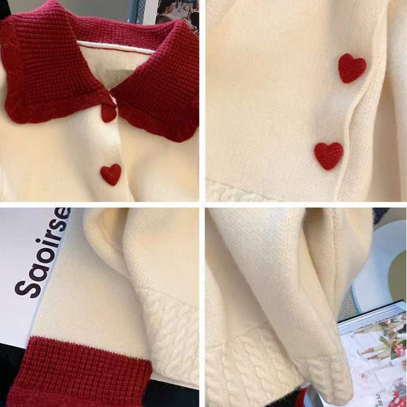 Cardigan Women Patchwork Peter Pan Collar Heart Design Lovely College Casual Young Cozy Stylish Fashion Retro Japanese Ulzzang