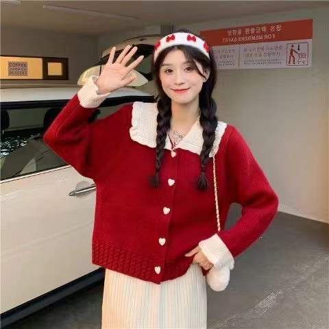 Cardigan Women Patchwork Peter Pan Collar Heart Design Lovely College Casual Young Cozy Stylish Fashion Retro Japanese Ulzzang